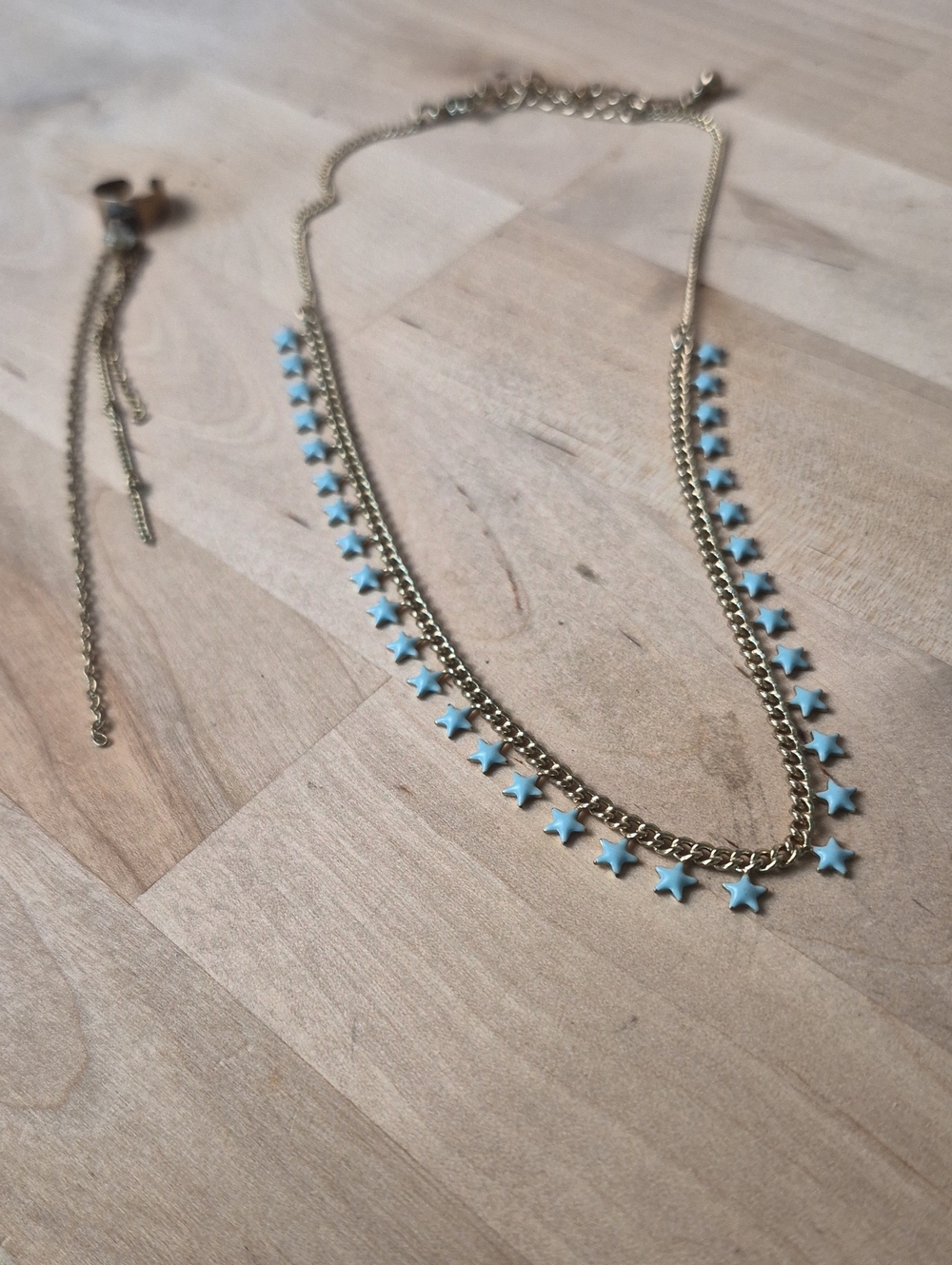 Gold Chain Choker with Light Blue Star Charms, Ear Cuff